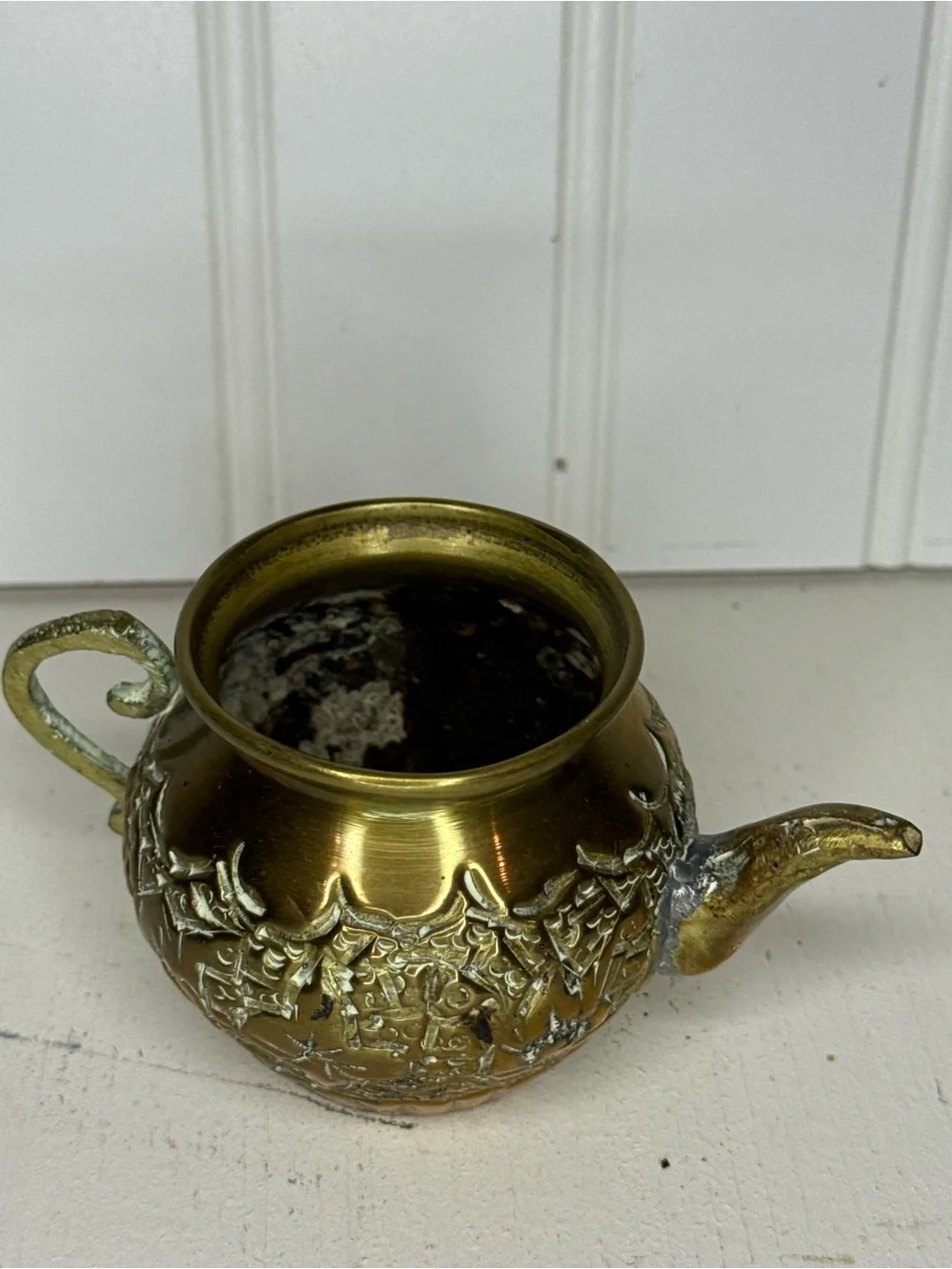 Vintage Mini Brass Metal Tea Pot Kettle w/ D Handle | MCM | Engraved
